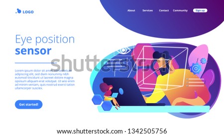 Businessman and technology measuring eye position and movement, tiny people. Eye tracking technology, gaze tracking, eye position sensor concept. Website vibrant violet landing web page template.