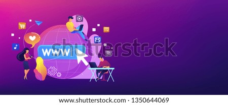 Tiny business people with digital devices at big globe surfing internet. Internet addiction, real-life substitution, living online disorder concept. Header or footer banner template with copy space.