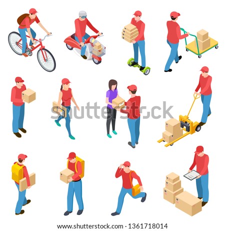 Delivery isometric. Couriers deliveries postman guys delivering box motorcycle scuter courier 3d isolated vector characters