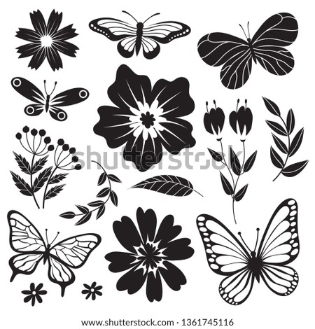 Black and white butterflies and flowers. Hand drawn vector floral set