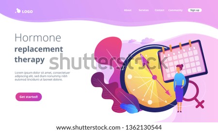 Menopause woman standing at her biological clock measuring age and calendar. Menopause, women climacteric, hormone replacement therapy concept. Website vibrant violet landing web page template.