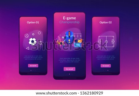Gamer with headset at computer taking part in online footbal tournament. Sports games, online footbal tournament, e-game championship concept. Mobile UI UX GUI template, app interface wireframe