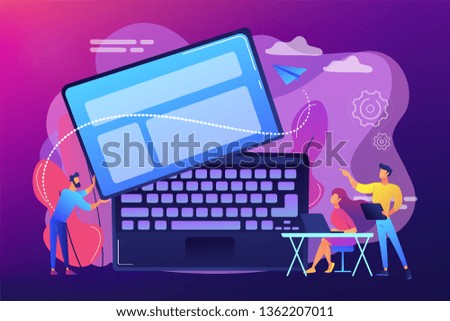 Tiny business people work at detachable computer. Detachable device technology, detachable computer, modular electronics development concept. Bright vibrant violet vector isolated illustration