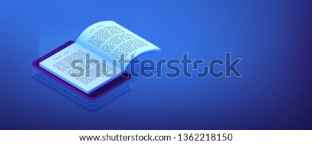 Open ebook on digital tablet screen for modern education and e-learning. Digital reading, e-classroom textbook, modern education concept. Isometric 3D banner header template copy space.