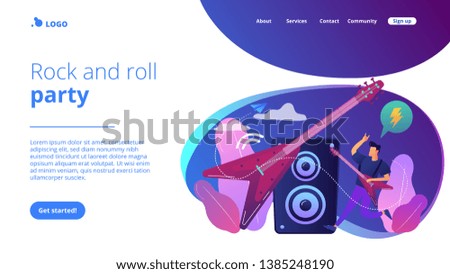 Guitarist playing the electric guitar at concert, tiny people. Rock music style, rock and roll party, rock music festival concept. Website homepage landing web page template.