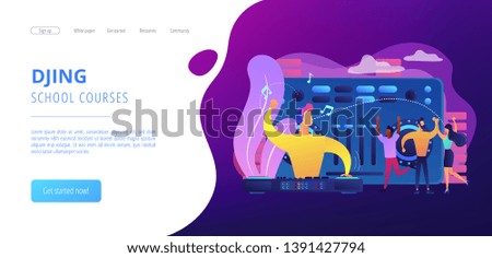 DJ in headphones at turntable playing music and tiny people dancing at party. Electronic music, DJ music set, DJing school courses concept. Website homepage landing web page template.