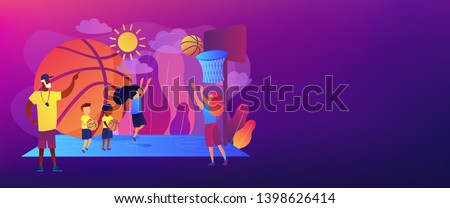 Coach teaching and kids practicing basketball in summer camp, tiny people. Basketball camp, academy, achieve basketball goals concept. Header or footer banner template with copy space.