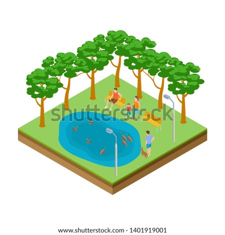 Isometric pond with ducks in the city park vector illustration