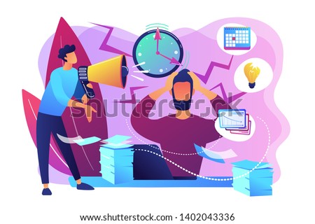 Exhausted, frustrated worker, burnout. Boss shout at employee, deadline. How to relieve stress, acute stress disorder, work related stress concept. Bright vibrant violet vector isolated illustration