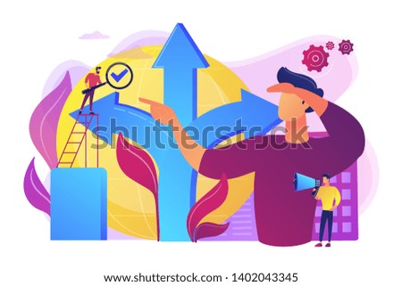 Career opportunity. Life coaching, self development. Path, direction choosing. Decision making, problem solving activity, best decision here concept. Bright vibrant violet vector isolated illustration