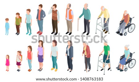 Different generations. Isometric people adult female male characters kids girl boy old man woman human age evolution stages vector set