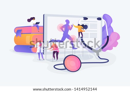 Training injuries treatment, physiotherapists helping patients. Sports medicine, sports medical services, sports physician specialist concept. Vector isolated concept creative illustration