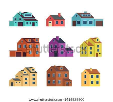 Flat cartoon town houses, cottage buildings with door and windows. Home exterior set isolated. House building exterior, town cottage architecture illustration