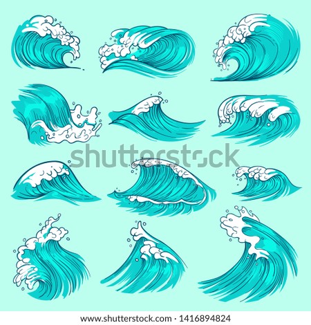 Vintage hand drawn sea blue waves with splashes. Ocean storm water set. Surf splash ocean, wave of sea swirl illustration