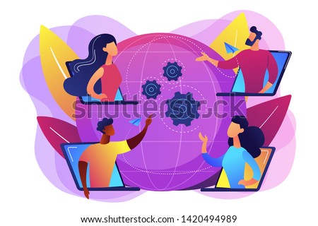 Colleagues business meeting, company internet webcast. Online meetup, join meetup group, meetup website service, best communication here concept. Bright vibrant violet vector isolated illustration