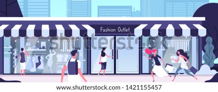 Boutique outside. Fashion outlet with shop mannequins in display windows and girls walking along street. Vector consumerism concept. Illustration of outlet boutique store, fashion retail