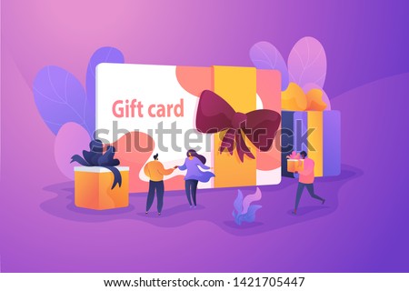 Gift card and promotion strategy, gift voucher, discount coupon and gift certificate concept. Vector isolated concept illustration with tiny people and floral elements. Hero image for website.