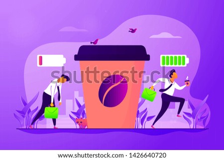 Depressed office worker, stress and emotional burnout. Caffeine stimulating effect. Coffee break, low energy, tiredness and energizing concept. Vector isolated concept creative illustration