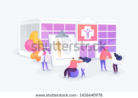 Physiotherapy and rehab clinic patients exercising. Rehabilitation center, rehabilitation hospital, stabilization of medical conditions concept. Vector isolated concept creative illustration