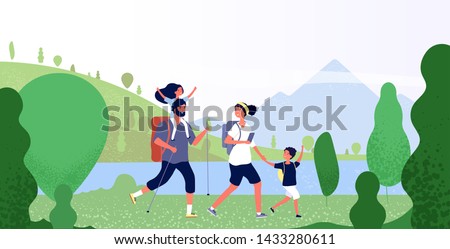 Family hiking nature. Man, woman and kids in outdoor mountain landscape. Holiday summer adventure in camping vector background. Illustration of family people travel, tourism and hiking