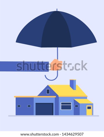 Insurer hand holding umbrella over house. Houses protection insurance business concept. Security house umbrella, protect and support mortgage illustration