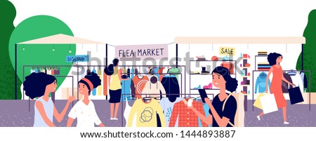 Flea market. Women shoppers choosing fashion clothes at bazaar. Garage street sale and secondhand shopping vector concept. Shopping outdoor bazaar illustration