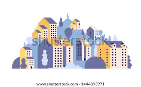 City landscape. Minimal residential houses in summer mountain landscape. Outdoor 2d urban scene with buildings vector background. Urban residential district city mountain, landscape illustration