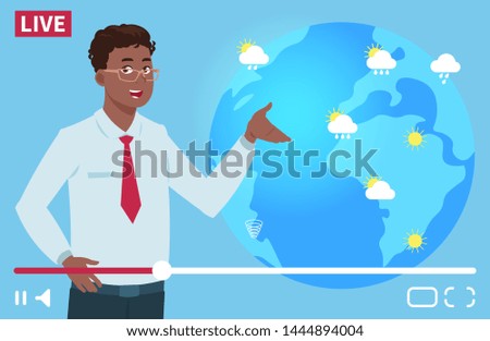 Man anchorman wheather channel vector illustration. Worldwide weather forecast concept. Weather news tv, forecast reporter about rain and sun