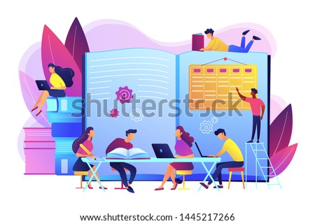 Preparing test together. Learning and studying with friends. Effective revision, revision timetables and planning, how to revise for exams concept. Bright vibrant violet vector isolated illustration