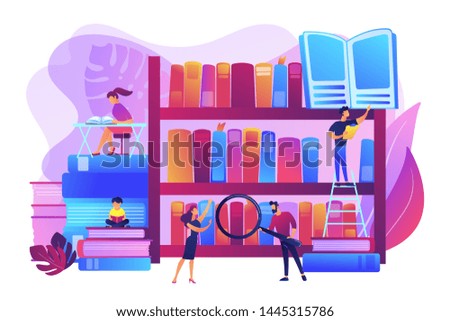 Reading books, encyclopedias. Students studying, learning. Public library events, free tutoring and workshops, library homework help concept. Bright vibrant violet vector isolated illustration