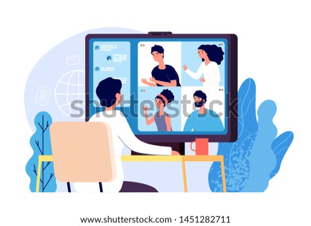 Video conference. People group on computer screen taking with colleague. Video conferencing and online communication vector concept. Illustration of communication screen conference, videoconferencing