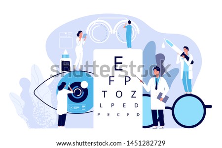 Ophthalmology concept. Ophthalmologist checks patient sight. Optical eyes test, spectacles technology. Vector good vision background. Ophthalmology medicine, optical eyesight examination illustration