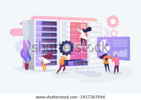 IT administrators working in server room. Service maintenance. System administration, network upkeeping, computer systems configuration concept. Vector isolated concept creative illustration
