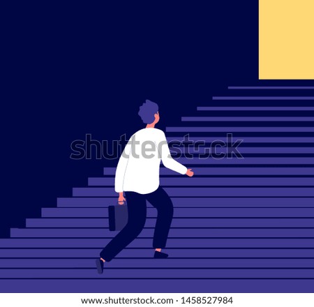 Man climbing steps. Success in businessman career growth personal development challenge. ambitious aspirations to goals vector concept. Illustration of businessman climbing stairway, career up
