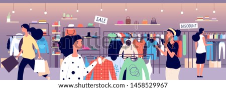 Women in clothing store. People shoppers choosing fashion clothes in boutique. Garment shop interior vector concept. Illustration of boutique clothing, fashion store mall