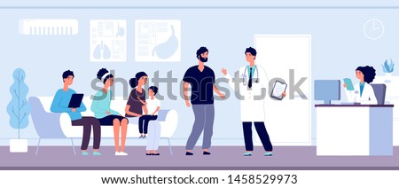 Patients in doctors waiting room. People wait hall in clinic at hospital reception, hospitalized persons, healthcare vector concept. Medical hall interior, clinic reception illustration