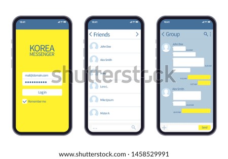 Korean messenger. Kakao talk interface with chat boxes, contact list and icons vector message template. Illustration of kakao app interface mobile