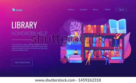 Reading books, encyclopedias. Students studying, learning. Public library events, free tutoring and workshops, library homework help concept. Website homepage landing web page template.