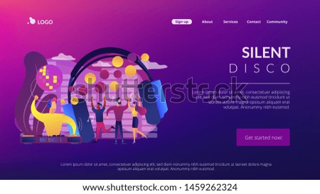 Young people dancing in night club, listening to music, DJ concert. Silent disco, headphones party, quiet rave party, silent disco equipment concept. Website homepage landing web page template.