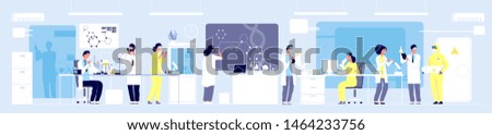Science researching lab. Professional scientists chemical researchers working with lab equipment. Molecular engineering vector concept. Illustration medical lab, research experiment biology molecular