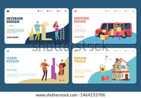 Renovation, repair, design, moving vector landing pages tempplate. Illustration moving and restoring building, renovate and relocation to home