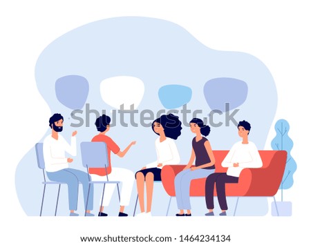 Addiction treatment concept. Group therapy, people counseling with psychologist, persons in psychotherapist sessions. Vector image. Illustration psychologist counseling group patient