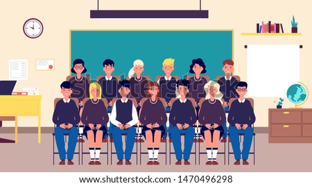 Class group portrait. Classmates, student in classroom. Teenagers in school uniform photo for memory. Education cartoon vector concept. Together classmate photo memory, students classroom illustration