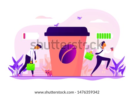 Depressed office worker, stress and emotional burnout. Caffeine stimulating effect. Coffee break, low energy, tiredness and energizing concept. Vector isolated concept creative illustration