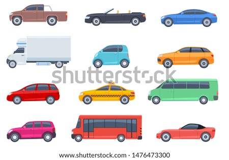 Flat cars set. Taxi and minivan, cabriolet and pickup. Bus and suv, truck. Urban, city cars and vehicles transport vector flat icons. Cabriolet and truck, car and bus, automobile pickup illustration Photo stock © 