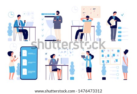 Effective time management. Man managed tasks, planning strategy organized activities schedule isolated vector characters. Illustration management business, schedule strategy calendar