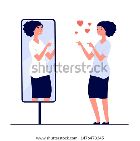 Woman at mirror. mirrored happy girl. cartoon reflected beautiful female narcissism and love of self vector concept. Illustration of woman look at mirror, happy character female