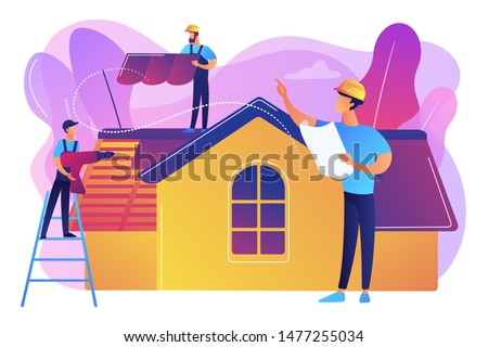 Building repair. Housetop renovation and roof reconstruction. Roofing services, roof repair support, peak roofing contractors concept. Bright vibrant violet vector isolated illustration