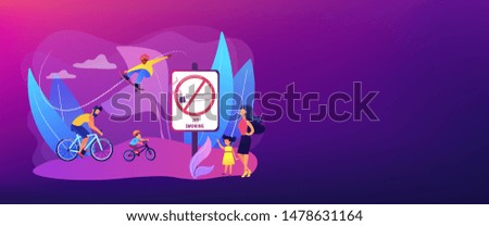 Weekend activities in park. Father riding bicycles with son. Active, healthy hobby. Smoke-free zone, no smoking area, tobacco free facility concept. Header or footer banner template with copy space.