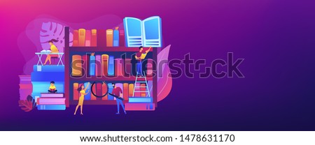 Reading books, encyclopedias. Students studying, learning. Public library events, free tutoring and workshops, library homework help concept. Header or footer banner template with copy space.